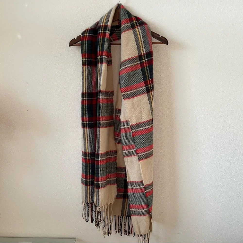 Free People Tartan Thick Warm Wool Scarf in Red Cream Green Multicolor Cozy - Picture 2 of 7